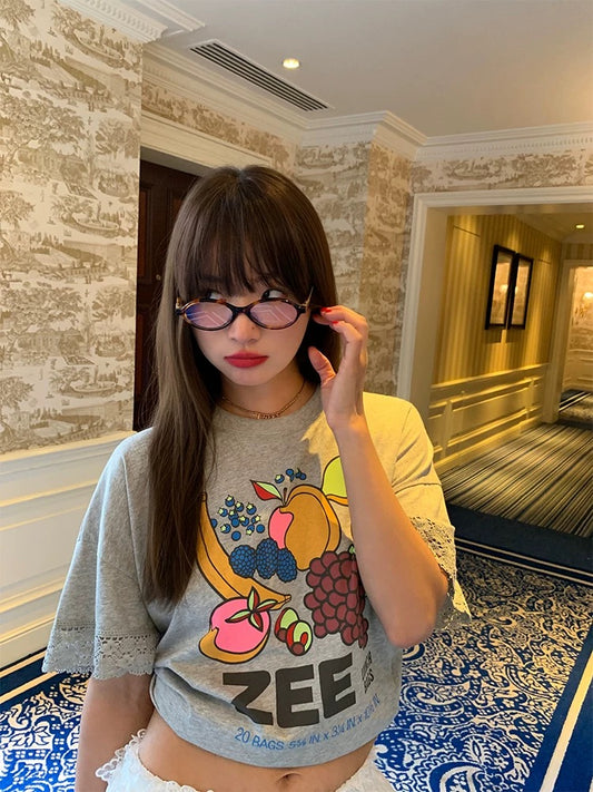 Luoluo Xianjie Loose T-shirt Women Cover Belly Slimming Tops 2024 New Gray Short Sleeve Small T-shirt