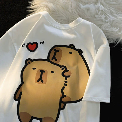 Jwneed Co-branded cartoon trendy brand short-sleeved T-shirt dopamine women's new summer couple wear pure cotton sweet neutral style top