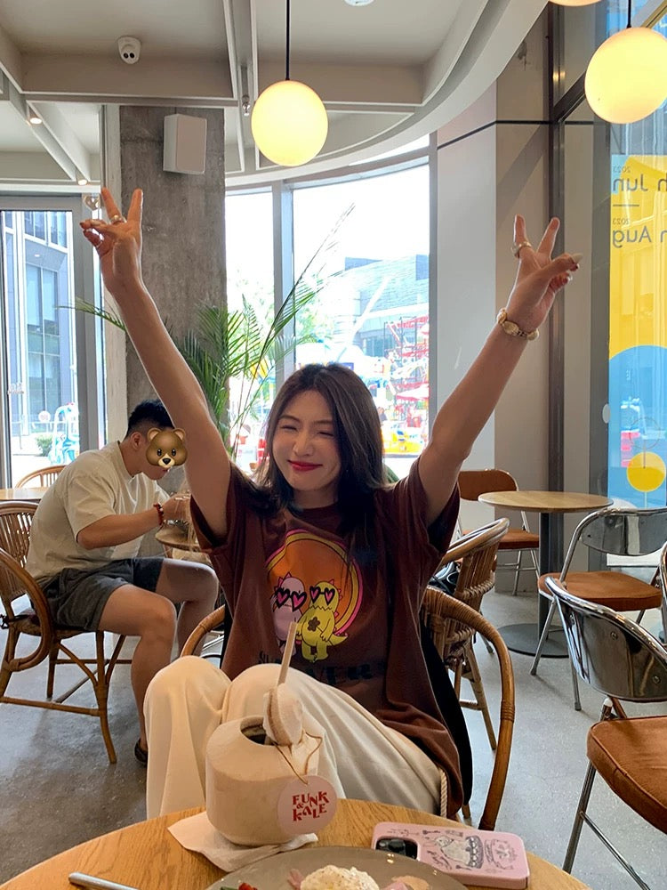 Luoluo Xianjie Tops Women Summer 2024 New Loose Design Niche T-shirt Small Men Coffee Color