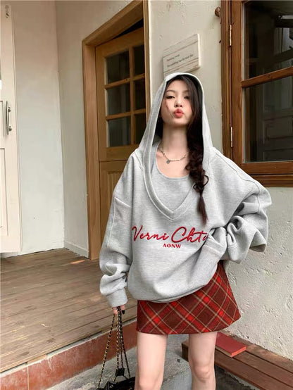 American waffle fashion suit for women autumn 2023 new hooded sweatshirt with camisole two-piece trendy set A2235