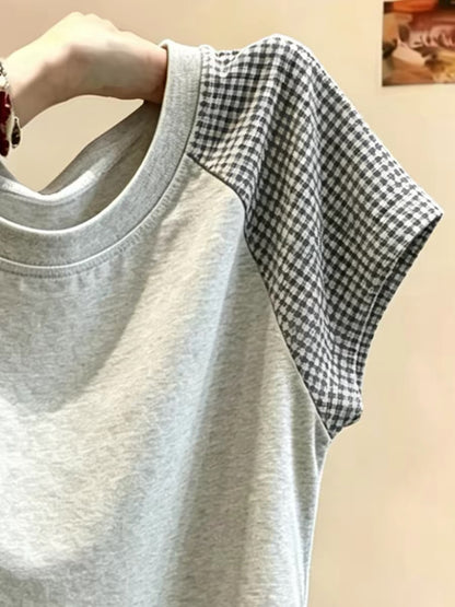 Shenzhen Nanyou Brand Women's Clothing ~ Round Neck Color Block Plaid Short Sleeve T-Shirt Summer Casual Style Slimming Design Top