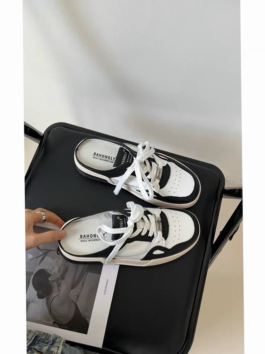 Genuine leather toe-toe white shoes for women 2023 spring new style flat-soled lazy half-slippers for outer wear soft-soled versatile casual sneakers