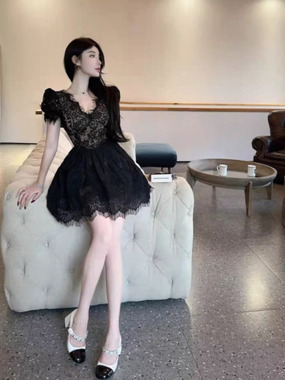 French Palace Retro Puff Short Sleeve Lace High Waist Skirt 2023 Pure Desire Sexy V Neck A-Line Skirt Puff Dress