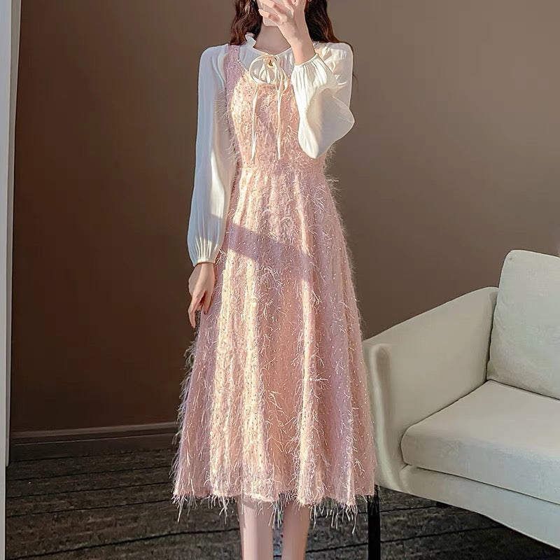 New autumn clothing, sweet temperament, first love style fairy skirt, light luxury mini dress, two-piece sequin tassel dress for women