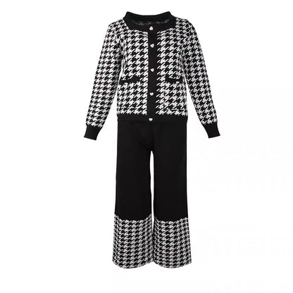Suit women's 2023 autumn houndstooth square collar exposed collarbone single-breasted knitted jacket elastic waist slimming wide-leg pants