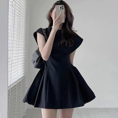 Korean chic summer elegant temperament round neck solid color waist slimming flying sleeves A-line dress skirt female