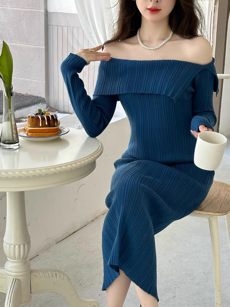 Blue one-line collar off-shoulder long-sleeved knitted dress for women Lee Nhi Boutique Blue one-line collar off-shoulder long-sleeved knitted dress for women Lee Nhi Boutique