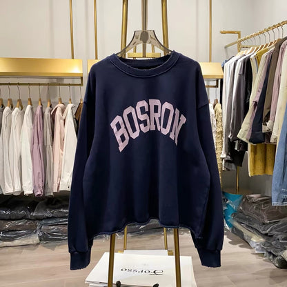[Real-life shot from Xiao Ai's shop] American vintage-style loose-fit crewneck sweatshirt—relaxed, slimming, and featuring rolled-edge long sleeves.
