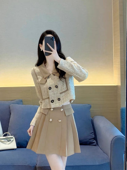 Temperament socialite two-piece set autumn 2023 new style waist slimming western style retro a-line skirt small fragrance suit for women (S4448)