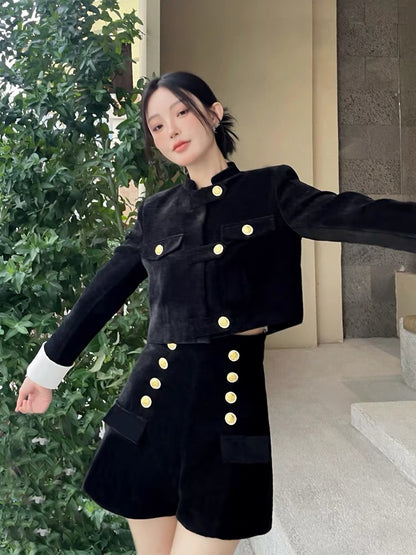 Black velvet suit for women, new autumn style, high-end, temperament, double-breasted jacket, short skirt, two-piece set (B2413)