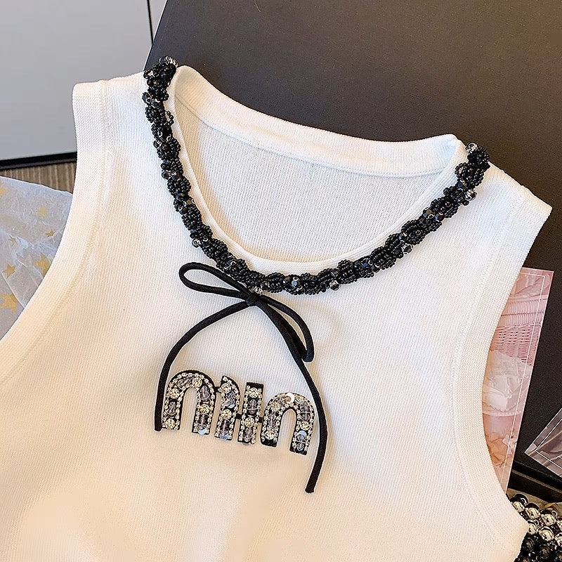 Light luxury sequined diamond-studded vest women's summer careful machine strap digging shoulder top stitching lace lace sleeveless T-shirt