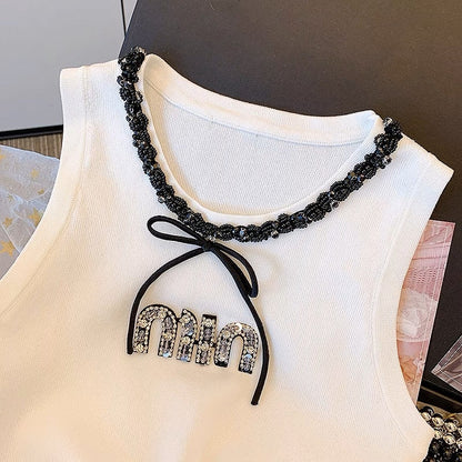 Light luxury sequined diamond-studded vest women's summer careful machine strap digging shoulder top stitching lace lace sleeveless T-shirt