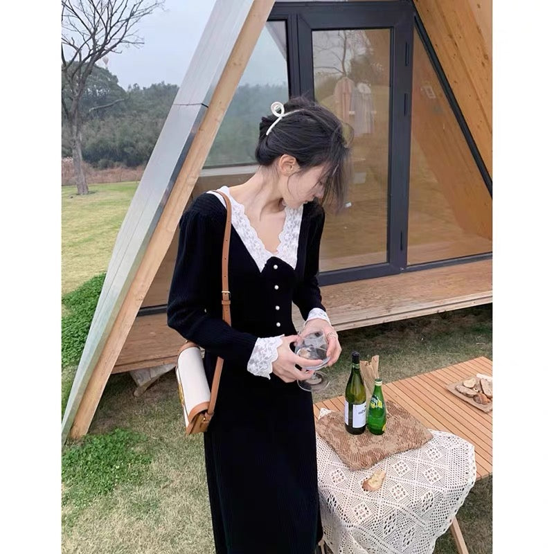 European station's new autumn style elegant lady lace splicing stunning and beautiful long skirt with intellectual dress underneath