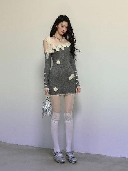 Shao Ye Yan Australian Wild Rose French Lace Off-shoulder Dress Women's Autumn and Winter Long Sleeve Slimming Hip Skirt Short Skirt