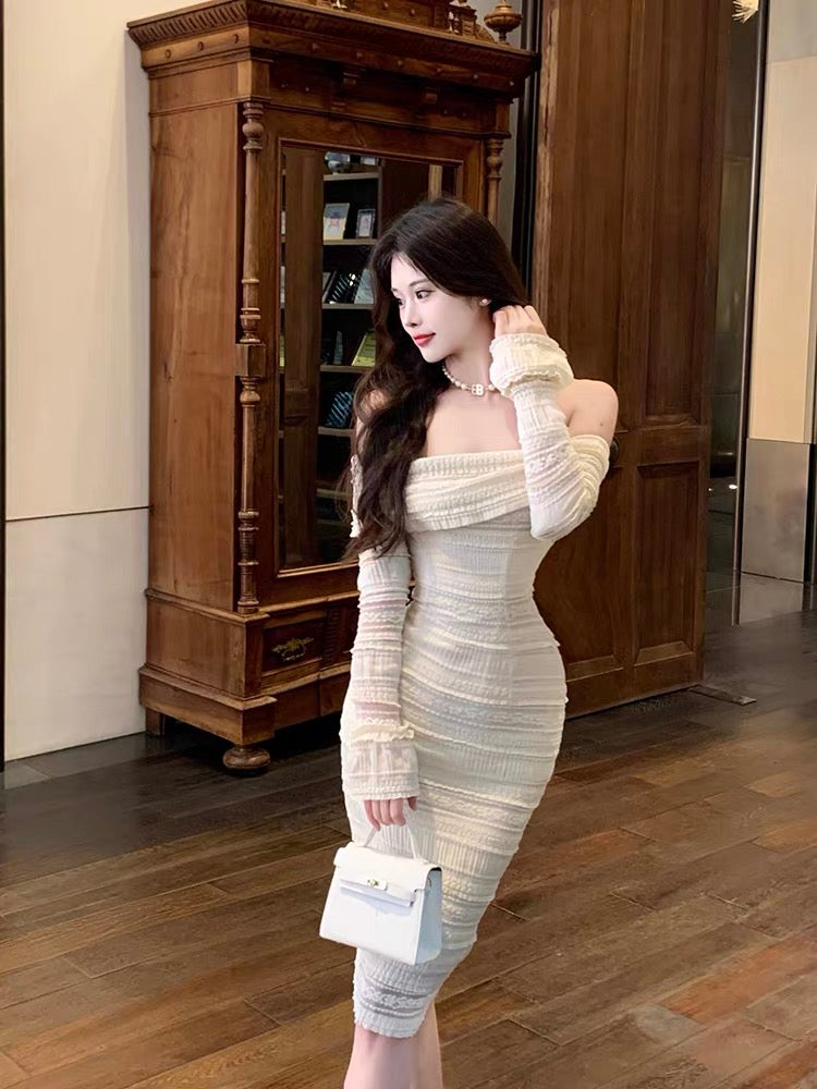 Pure lust style tea break French one-shoulder dress summer women's high-end and elegant lady's waist slimming long dress