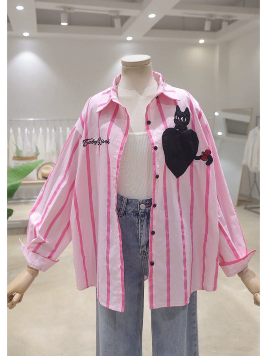 Korean style personalized love kitten embroidery 2024 spring and summer loose slim cotton striped long-sleeved casual shirt for women