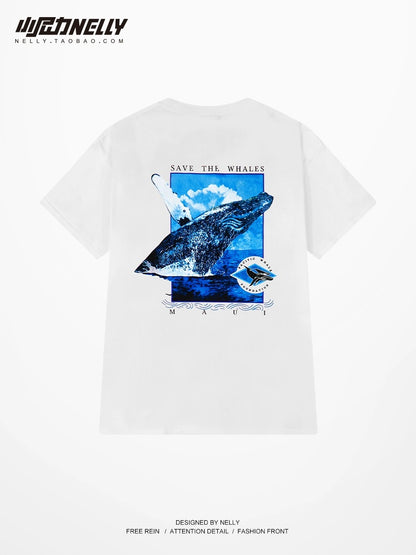 Heavy cotton short-sleeved T-shirt loose design blue whale print men and women summer trendy high street couple short sleeves