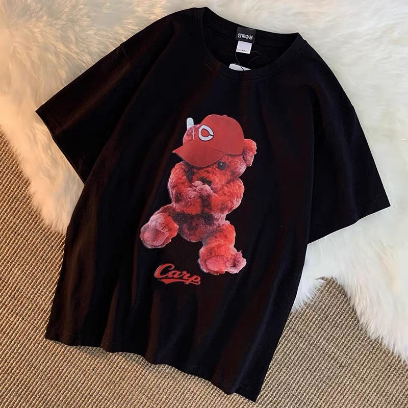 Hip-hop bear short-sleeved T-shirt for men and women, trendy loose oversize round neck half-sleeved T-shirt (S0622)