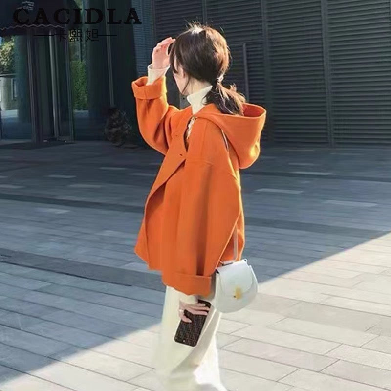Double-sided cashmere coat women's short woolen coat for small people 2023 spring, autumn and winter Korean style loose orange top