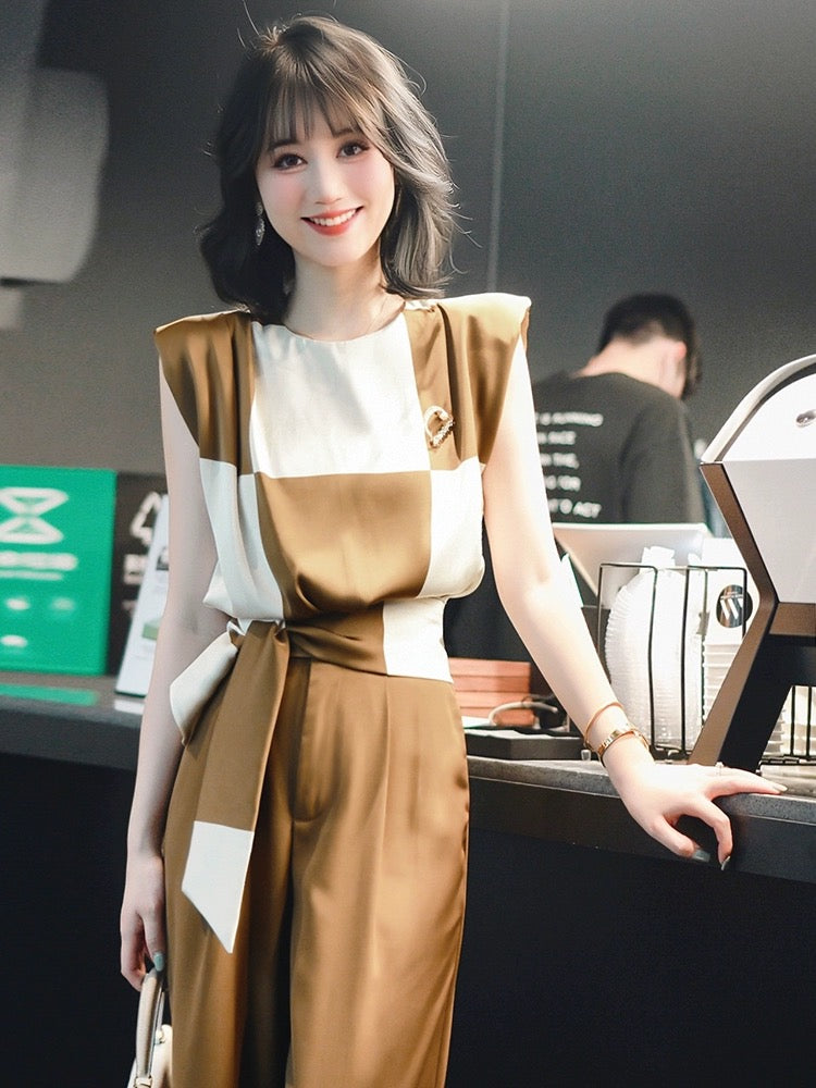 Feijie customized high-end suit 2024 spring and summer new temperament sleeveless top high-waisted wide-leg pants two-piece set