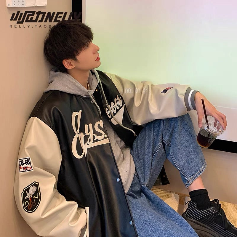 High street PU leather baseball jacket men's autumn and winter trendy brand ins spring and autumn large size jacket trendy men's autumn tops