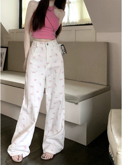 kumikumi white floral suit pants and jeans for women in spring high waist slim wide leg pants straight pants long pants