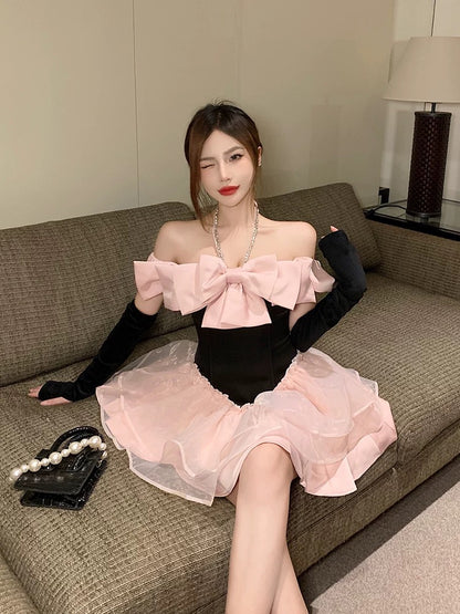Extraordinary Sky Sweet Black and Pink Bow Halter Dress 2023 Autumn and Winter Birthday Dress Puffy Princess Dress