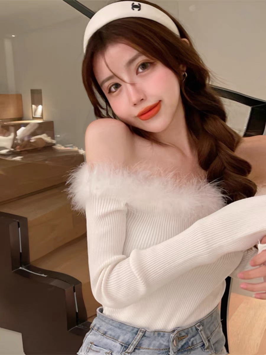 Spring tops for women, pure lust style, sexy sweet hotties, short one-shoulder fur collar, long-sleeved slits, slimming knitwear