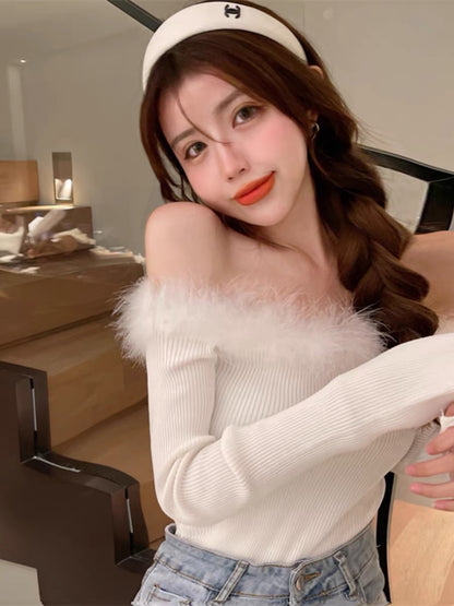 Spring tops for women, pure lust style, sexy sweet hotties, short one-shoulder fur collar, long-sleeved slits, slimming knitwear