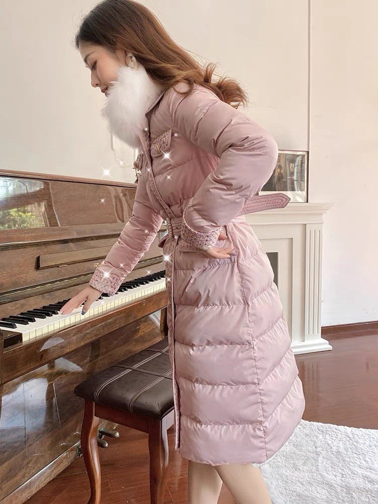 Nori gentle style down cotton coat for women French retro small fragrance style stitching doll collar waist slimming down cotton coat
