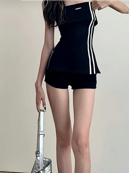 MOXI super A hot girl retro one-shoulder European and American sweet and spicy black outer tube top skirt