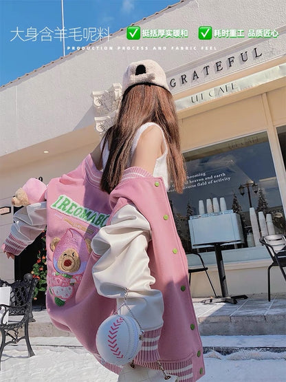 Earth Store pink age-reducing sweet cool heavy industry bear baseball uniform for women spring and autumn new sweet cool American style unique jacket