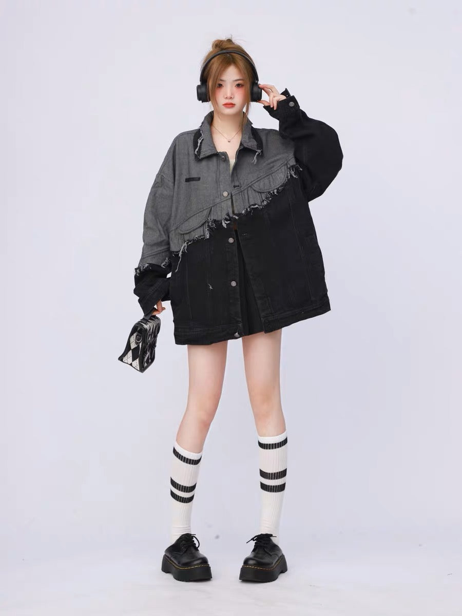 American retro spring and autumn spliced black denim jacket for women with high-end sense 2023 new loose niche design A3351