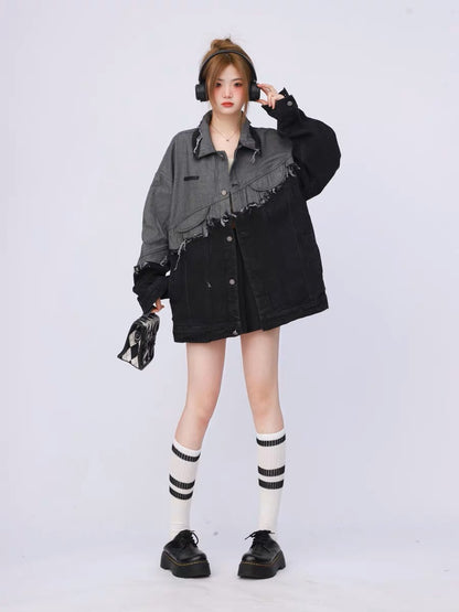 American retro spring and autumn spliced black denim jacket for women with high-end sense 2023 new loose niche design A3351