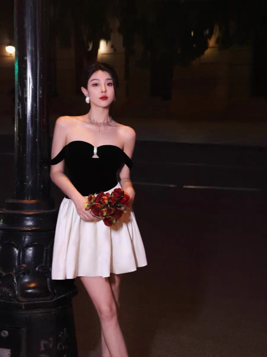 Thirteen and Little French Dress Women's Summer Contrast Color Spliced Velvet Sexy One-Shoulder Tube Top Skirt