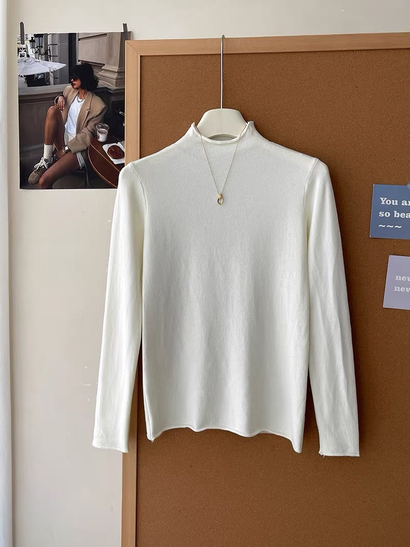 Retro soft and sticky cashmere rolled-edge turtleneck knit sweater for women, autumn and winter, gentle and versatile layering base layer top.