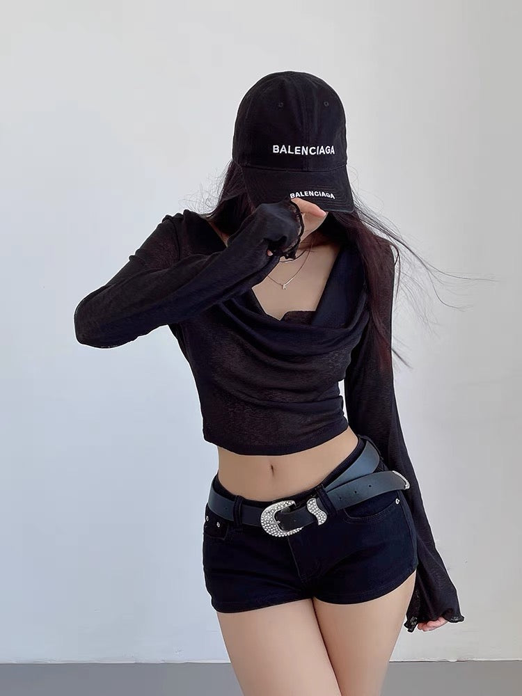 liviahome American hot girl swing collar fungus long-sleeved hooded T-shirt women's early autumn bottoming shirt short top (T191)