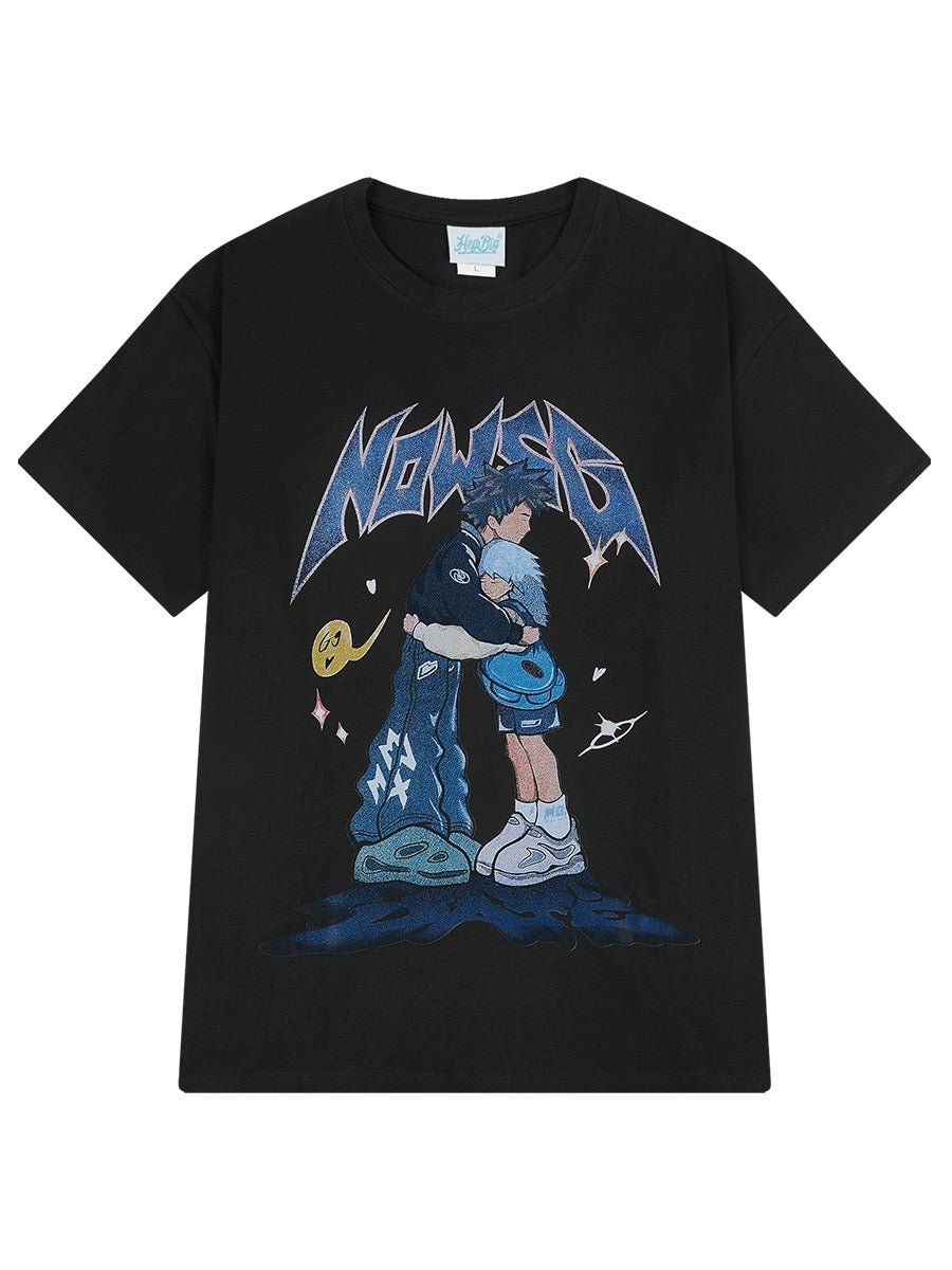 Pure cotton national fashion American high street oversize anime couple short-sleeved T-shirt men and women spring lazy niche tops