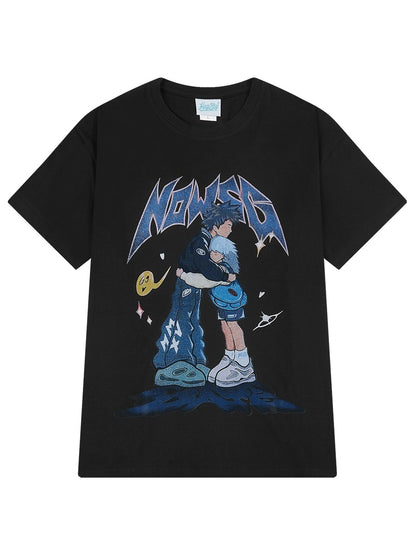 Pure cotton national fashion American high street oversize anime couple short-sleeved T-shirt men and women spring lazy niche tops