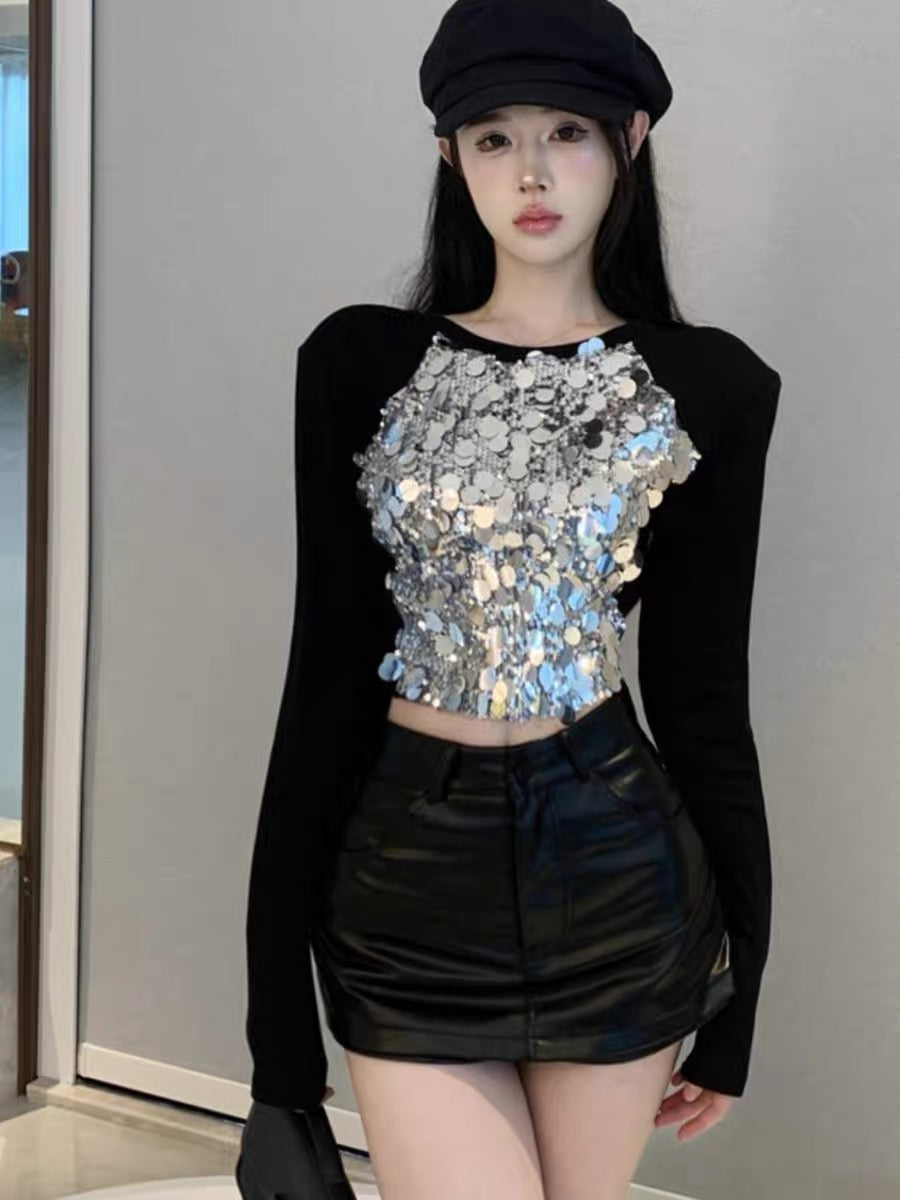 Early autumn heavy industry large sequined long-sleeved T-shirt for hot girls with tight-fitting design, fashionable and contrasting color splicing short top