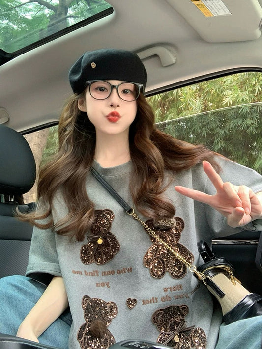 Gray Heavy Industry Bear Short-sleeved T-shirt Women 2025 New Spring and Summer Design Sense of Western Style Loose European Goods Large Edition Top