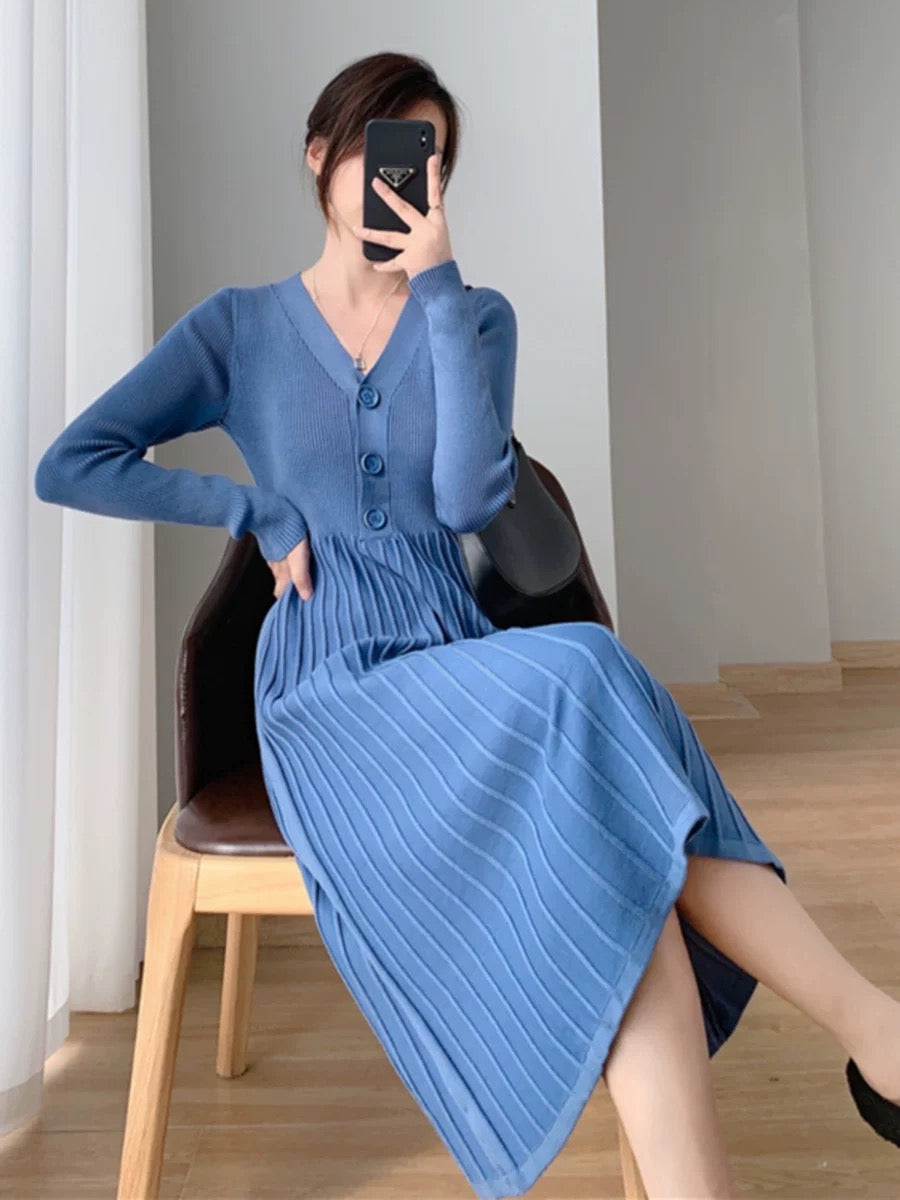 French black V-neck knitted dress for women in autumn and winter, waist slimming, mid-length, temperament, knee-high inner sweater skirt