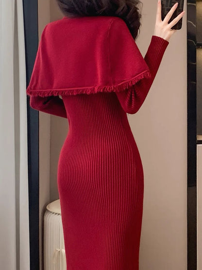 Winter new retro fashion temperament elegant and high-end goddess style two-piece long skirt shawl knitted dress