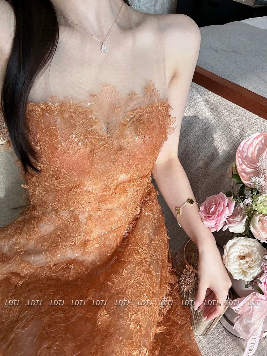 LDTJ Haute Couture 23 Autumn and Winter New Heavy Industry Crochet Lace See-through Mesh Dress Slim Beading Tube Top Dress for Women