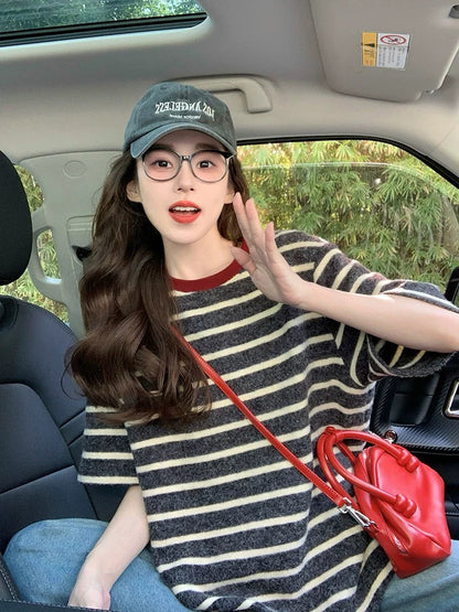 Striped brushed short-sleeved T-shirt for women 2025 new spring and summer design contrast color lazy style loose casual tops