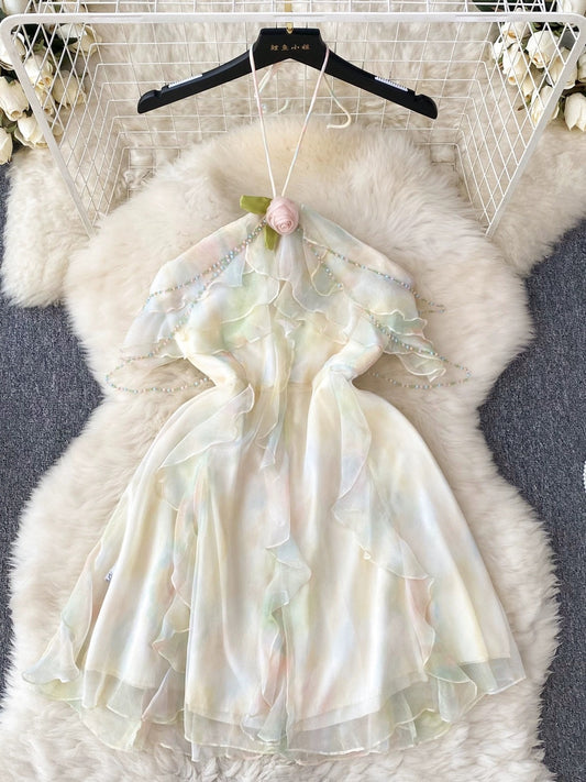 Retro atmosphere halter neck suspender dress for women, mesh ruffles, sweet and pure design, niche fairy dress