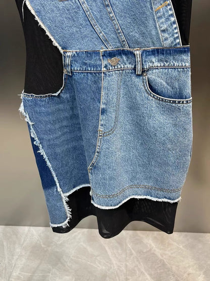 Grapefruit MM 2023 autumn round neck sleeveless see-through yarn denim splicing receiver waist slim sweet cool wind dress tide