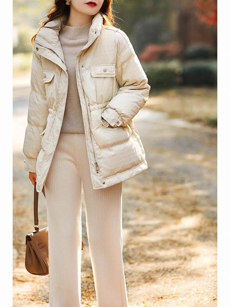いCommuting ageless small fragrant stand-up collar drawstring waist contrast pocket 90 white duck down down jacket women's winter jacket