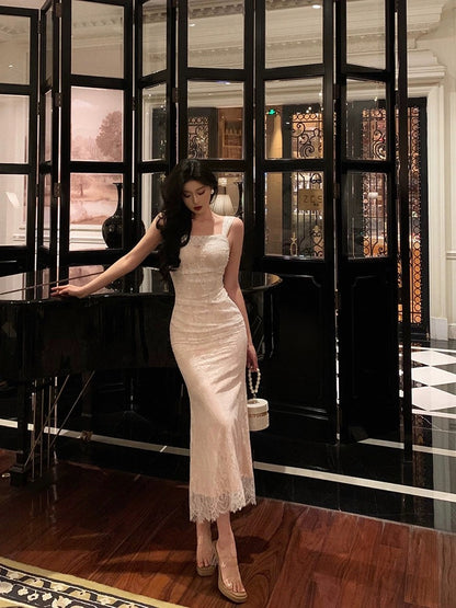 Ge Fuwen White lace suspender dress female 2024 summer new niche design temperament waist long skirt