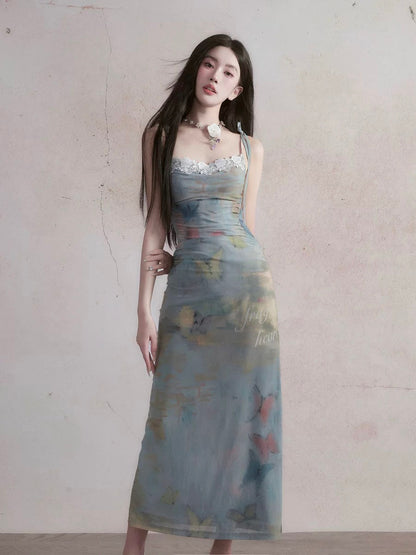 [Same style as Jiang Yiyi] Fragile Shop Butterfly Dream Oil Painting Printed Suspender Skirt Vacation Slim Dress